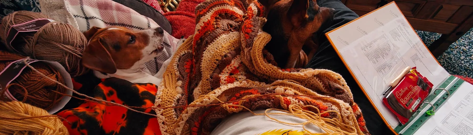 A crochet blanket in progress with yarn, colour notes and two dogs resting nearby in a cosy dog-friendly home workshop.