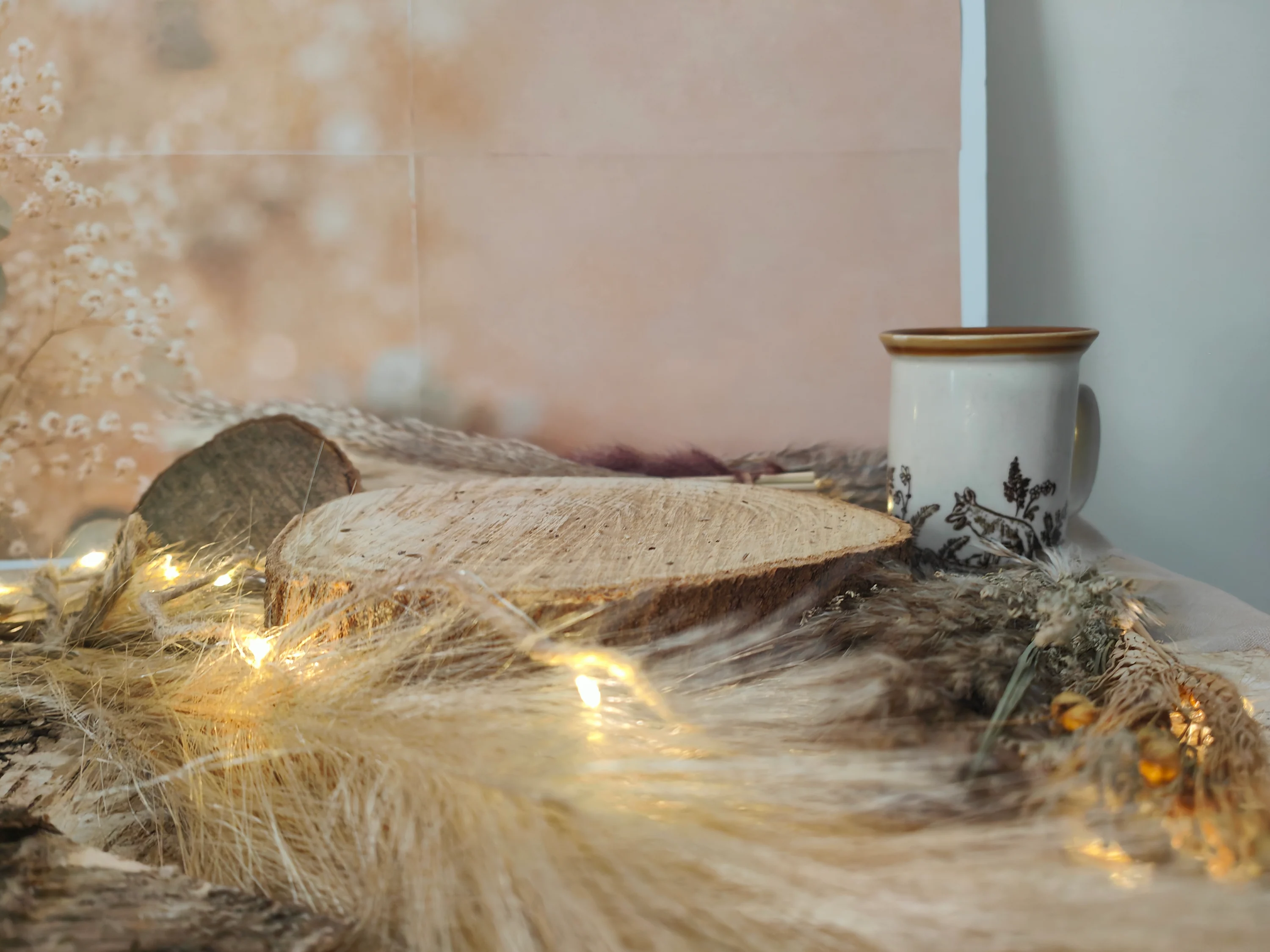 A cosy handmade photo stage with a wooden slice, warm fairy lights, dried flowers, soft fabric, and a floral mug in the background.